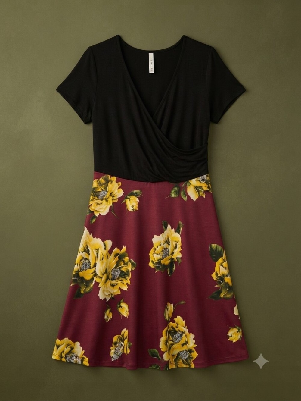Gilli Black Burgundy Floral Faux Wrap Dress A-Line Jersey Knit L